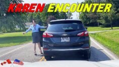 WOMAN SHOWS DRIVER SHES IN A RUSH BY BLOCKING THE ROAD