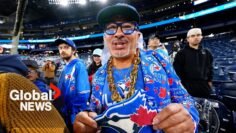 Fans gather at Nathan Phillips Square for Toronto Blue Jays watch party
