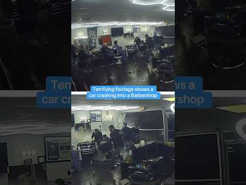 Terrifying footage shows a car crashing into a Barbershop