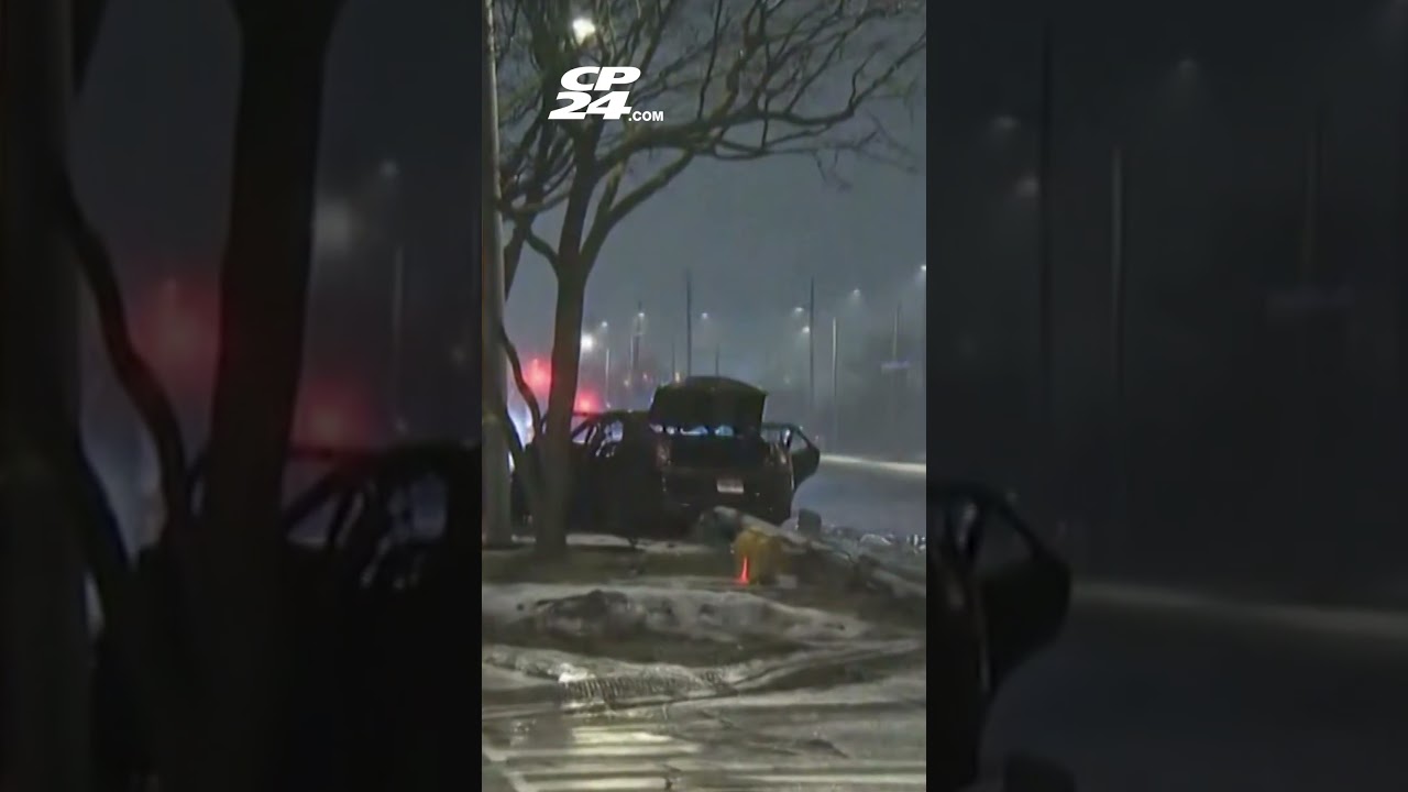 Two people arrested after car crashes into pole and catches fire in Etobicoke